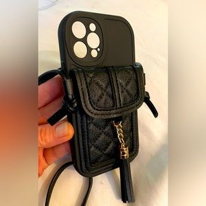 Black iPhone 13 Pro or Max wallet case / purse w/ black strap & tassel & pocket